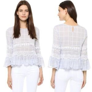 Jonathan Simkhai Blue Voile Grid Cotton Blouse XS Lace Ruffle Hem Top Keyhole